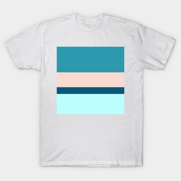 A fine combination of Oxford Blue, Blue Sapphire, Sea, Pale Cyan and Champagne Pink stripes. T-Shirt by Sociable Stripes